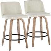 Toriano 26" Swivel Counter Stool in White Washed Wood & Cream Fabric with Black Footrest (Set of 2)